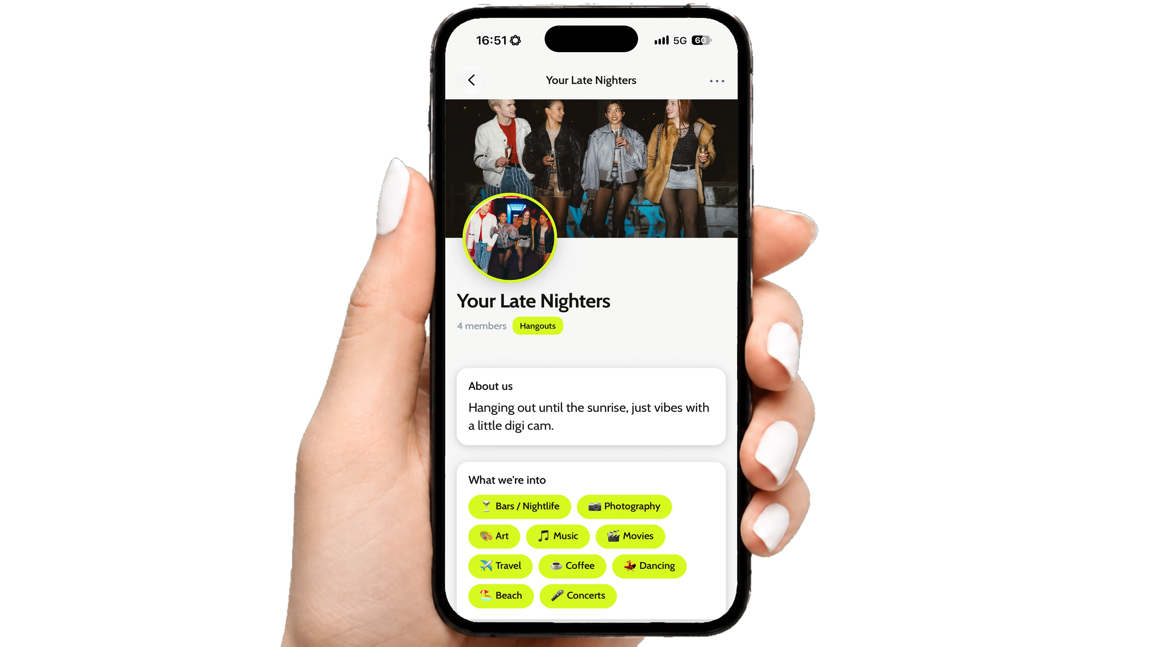 Hand holding a phone with a Crowdier group profile: Your Late Nighters, 4 members, their photo and interests
